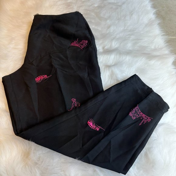 Silk Pants Ankle Side Zip Retro Novelty Print Dogs Travel Pink Embroidered Sz 16 - Picture 4 of 16